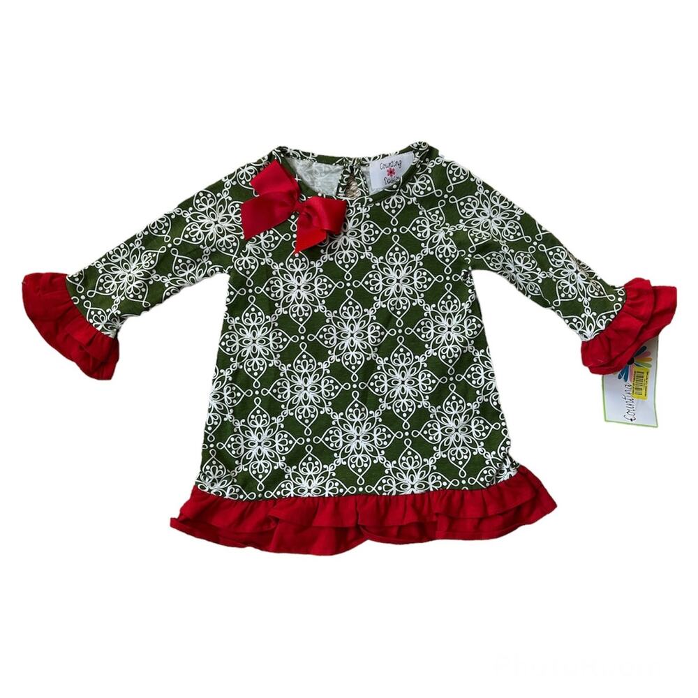 NEW Counting Daisies Christmas Dress & Bloomers Set Olive Green Red Girl's 18 mo